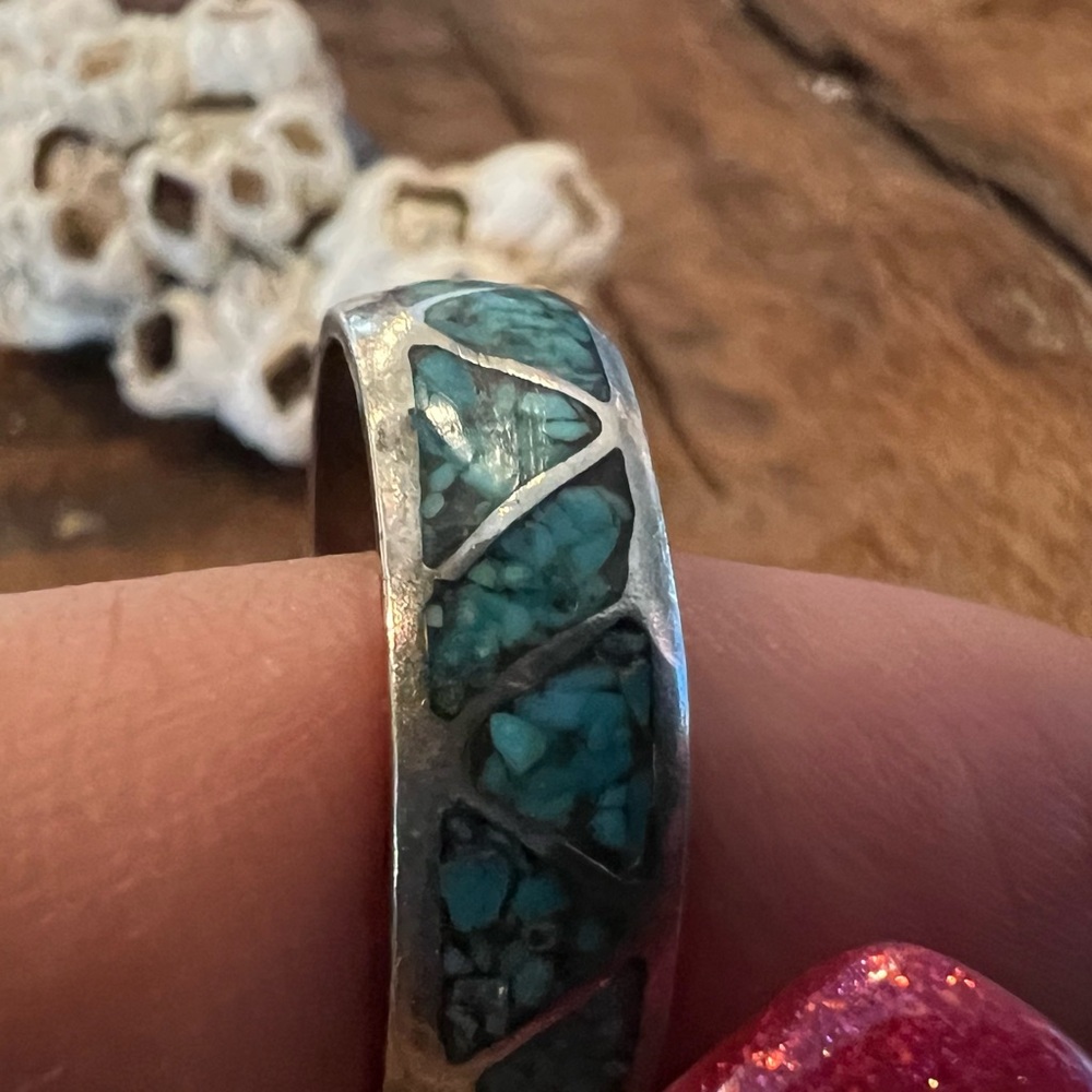 Native American Ring Band Crushed Turquoise Sterling Inlaid Navajo 10 Unisex - Picture 6 of 7
